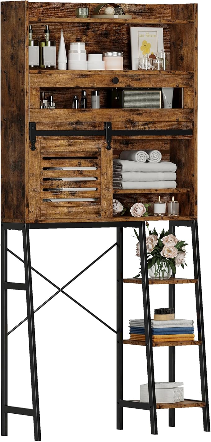 IRONCK Over The Toilet Storage with Cabinet, Sliding Barn Door, Side Storage Open Rack, Mass-Storage Over Toilet Bathroom Organizer for Bathroom, Restroom, Laundry, Vintage Brown