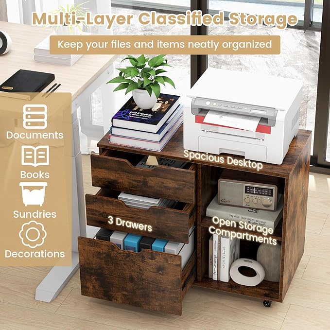 Giantex 3 Drawer File Cabinet, Office Storage Cabinet Fits Files Letter, A4, Legal Size, Rolling Printer Stand with Adjustable Shelf, Office Organization and Storage, Lateral Filing Cabinet (Brown)