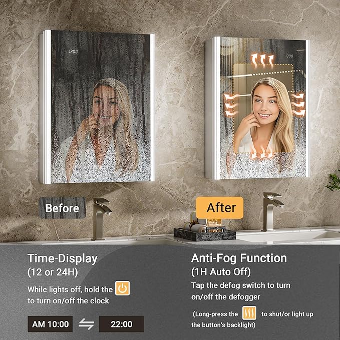 24x32 LED Bathroom Medicine Cabinet Mirror with Smart Night Lamp, Surface or Recessed Fogless Lighted Medicine Cabinet Mirror with Outlet &Clock,Built-in Sensor Light& Soft-Close Right-Hinge