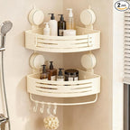 Corner Shower Caddy Bathroom Organizer（2-Pack Cream White）,No-Drilling Aluminum Suction Cup Corner Shower Shelf with Towel Bar & Hooks,Detachable and Reusable Bathroom and Kitchen Storage