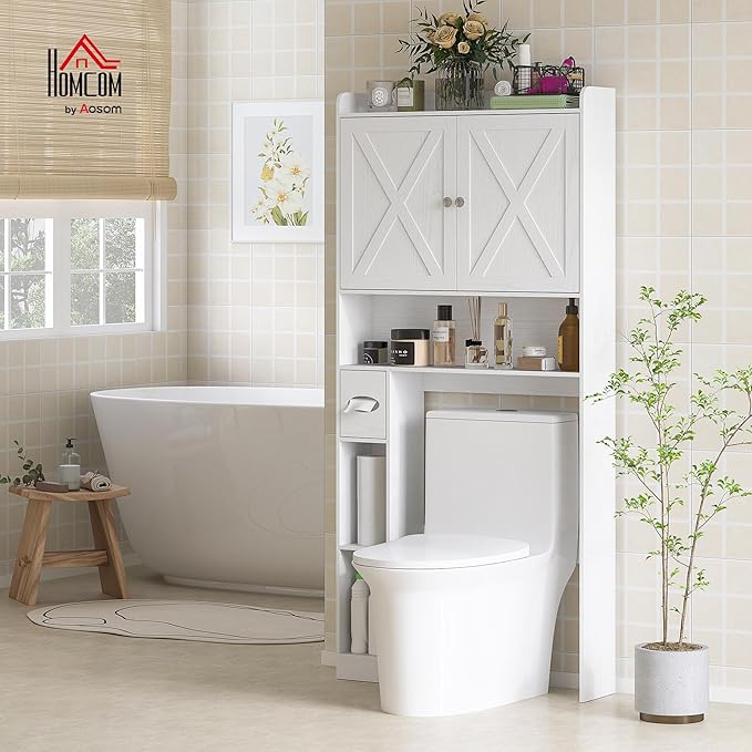 HOMCOM Over the Toilet Storage Cabinet, Farmhouse Above Toilet Bathroom Organizer with Barn Doors, Adjustable Shelf, Toilet Paper Holder, Freestanding Space Saver for Laundry, Distressed White