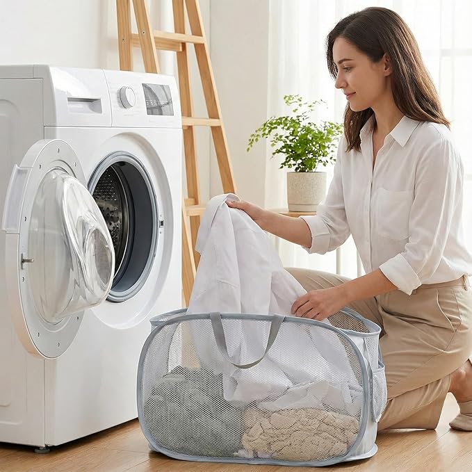 4 Pcs Foldable Pop Up Laundry Hampers, Mesh Laundry Basket with Side Pocket, Dirty Clothes Basket for Bathroom Travel Dorm Home Laundry Room Organization (4 Colors)