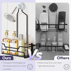 SWTYMIKI Bathroom Shower Caddy Hanging - Extended Length 2 Tier Rustproof Over Shower Head Organizer, No Drilling Bathroom Shelf with 14 Hooks & Soap Holder, Anti-Swing Rack, Black, Medium