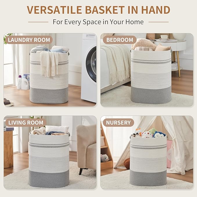 Laundry Basket with Handles - Blanket Basket & Hampers for Bedroom Aesthetic, Laundry Hamper & Blanket Storage for Living Room, Clothes Hamper, Tall, Large 17" x 14" x 22”, Grey