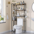 Over The Toilet Storage with Wooden Shelves and Side Rack, 7-Tier Metal Over Toilet Bathroom Organizer Freestanding Storage Shelf for Toilet Paper, Towels, Toiletries, Ideal for Small Bathroom