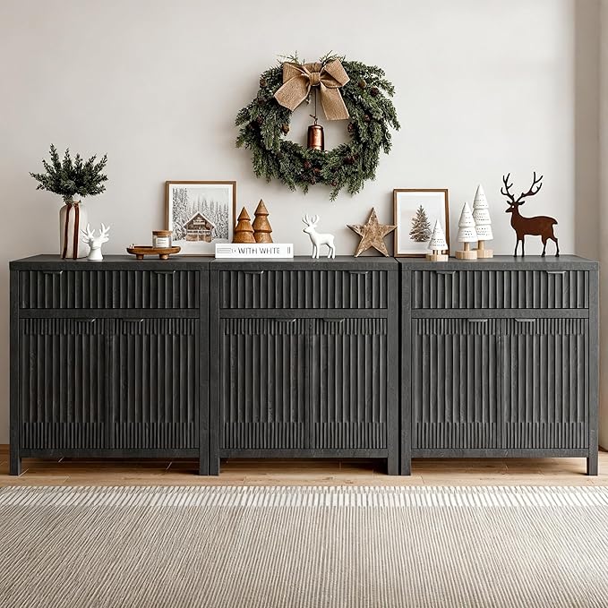 FLOWBACK Fluted Sideboard Buffet Storage Cabinet - 3 Pieces Small Modular Modern Coffee Bar Cabinet with Storage, Media Console Credenza Cabinet for Kitchen, Coffee Bar, Pantry, Living Room