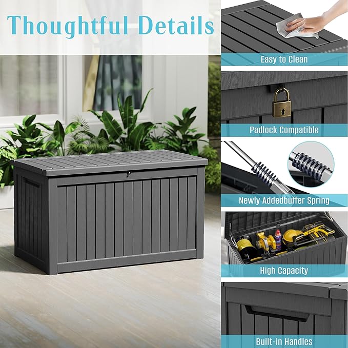 280 Gallon Outdoor Waterproof Resin Storage Deck Box Lockable Outside Bench UV Resistant Bin Patio Porch Furniture Pool Float Garden Tool Cushion Black