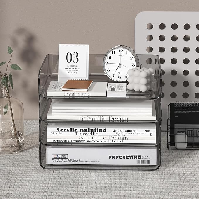 4-Tier Horizontal Acrylic Paper Tray Organizer | Clear Stackable Desk Organizer for Documents, Letters, A4 Paper | Modern Office/Classroom/Home Organization,Brown