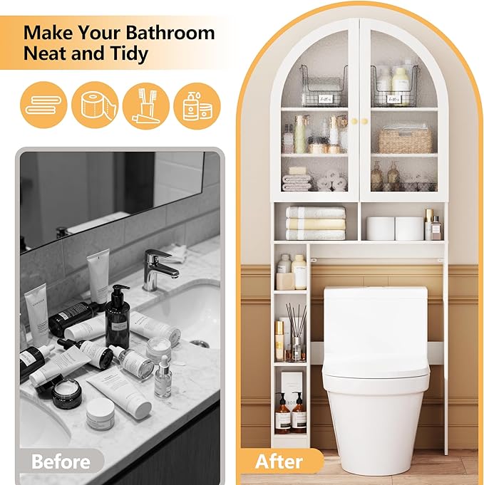 Over The Toilet Storage Cabinet, 29.7”W Modern Storage Cabinet Over Toilet with Acrylic Doors, Arched Freestanding Over Toilet Rack with Adjustable Shelf for Bathroom, White