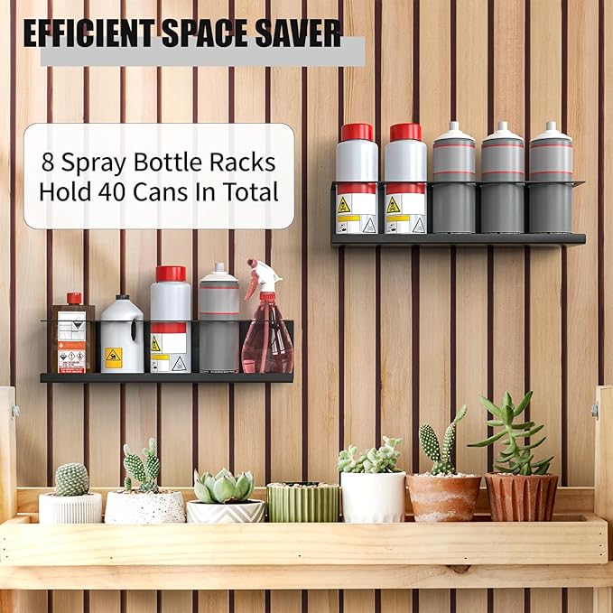 8 Pack Spray Bottle Holder Wall-Mounted, Aerosol Spray Can Holder Storage Rack, Heavy-Duty Paint Bottle Organizer with 40 Holes, Steel Black Spray Rack for Garage, Shop, Home or Tool Trailer
