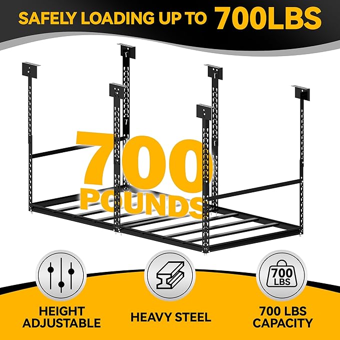 3x6 Ft Overhead Garage Storage Rack, 28-41 inch Height Adjustable Ceiling Mounted Organization Rack, 700 lbs Weight Capacity, 36"x72" Metal Rack for Garage Storage with Hanging Rods