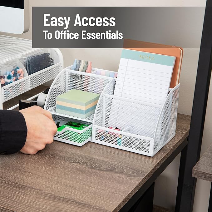 Mind Reader 7-Compartment Desktop Organizer, File & Accessory Storage, Metal Mesh Office Organizer for Desk, Workspace, Mail, White