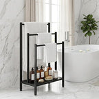 Freestanding Towel Rack, 3 Tier Metal Standing Towel Rack with Wooden Shelf, Blanket Holder and Bath Towel Drying Rack for Bathroom, Black