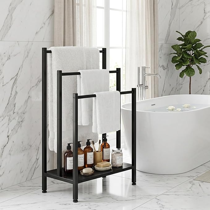 Freestanding Towel Rack, 3 Tier Metal Standing Towel Rack with Wooden Shelf, Blanket Holder and Bath Towel Drying Rack for Bathroom, Black
