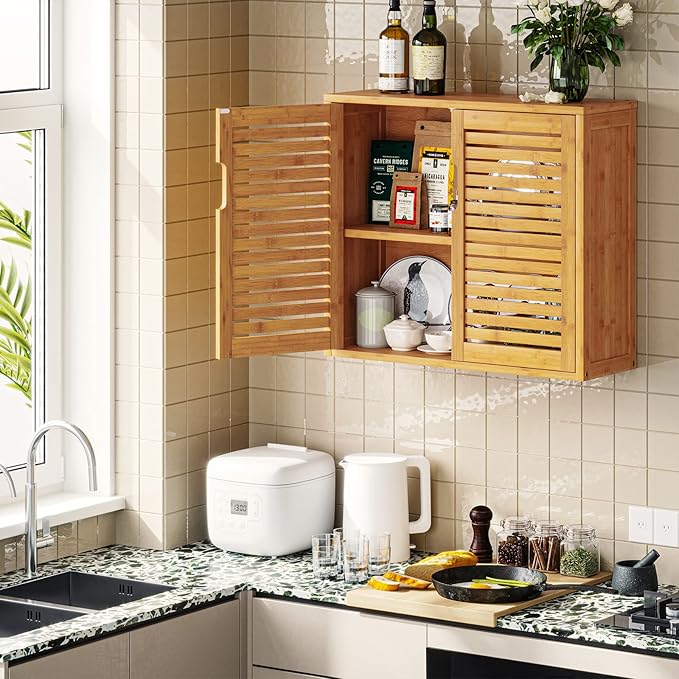 VIAGDO Wall Cabinet Bathroom Storage Cabinet Wall Mounted with Adjustable Shelves Inside, Double Door Medicine Cabinet, Utility Cabinet Organizer Over Toilet, Bamboo, 23.2''Lx8.1''Wx20.4''H
