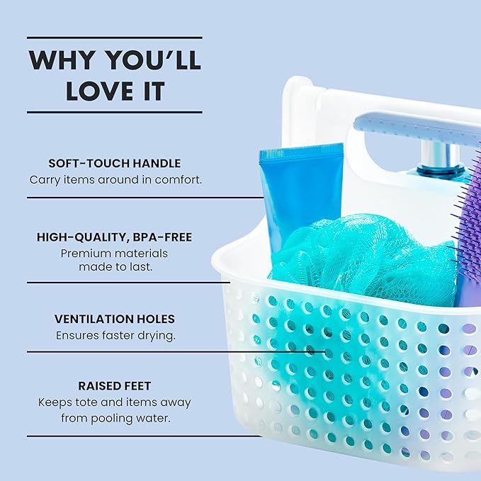 madesmart Portable Shower Caddy, Hold Soap, Shampoo, Hair Supplies and Beauty Products, Cleaning Supplies Organizer for Home, Dorm, Plastic Shower Tote, Soft Handle, Blue