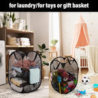 BATTOO Deluxe Strong Mesh Pop up Laundry Hamper Basket with Side Pocket for Laundry Room, Bathroom, Kids Room, College Dorm or Travel 3 Pack Black