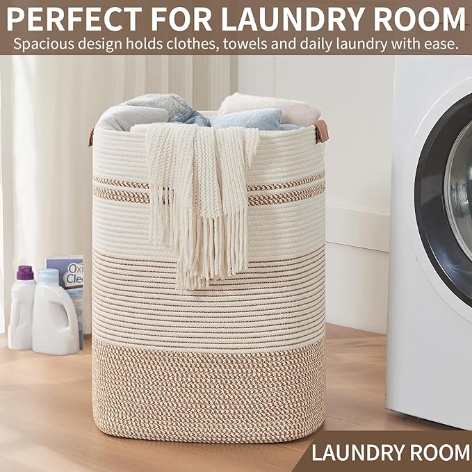 Laundry Basket with Handles - Blanket Basket & Hampers for Bedroom Aesthetic, Laundry Hamper & Blanket Storage for Living Room, Clothes Hamper, Tall, Large 17" x 14" x 22”, Brown & White