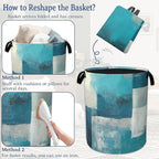 Turquoise Grey Abstract Art Painting Laundry Basket,Foldable Oxford Cloth Geometric Laundry Hamper with Handles, 20.8"x16" Tote Bag Clothes Storage Bucket for Laundry Room/Bathroom/Bedroom/Dormitories