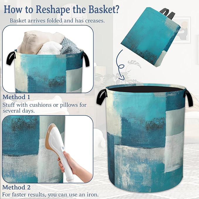 Turquoise Grey Abstract Art Painting Laundry Basket,Foldable Oxford Cloth Geometric Laundry Hamper with Handles, 20.8"x16" Tote Bag Clothes Storage Bucket for Laundry Room/Bathroom/Bedroom/Dormitories
