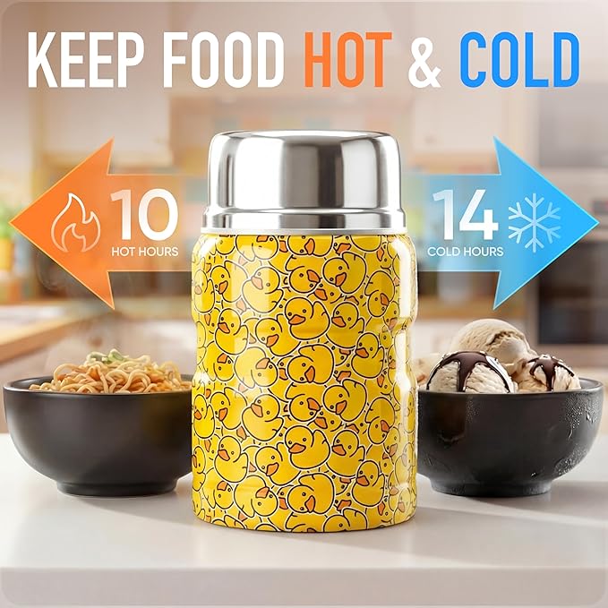 Earth&ME 17 OZ Soup Thermo for Hot & Cold Food for Kids, Vacuum Insulated Steel Lunch Container, Kids Wide Mouth Bento Thermal Food Jar, Warm Food Lunchbox Thermo Bowls with Spoon (Yellow Ducks)