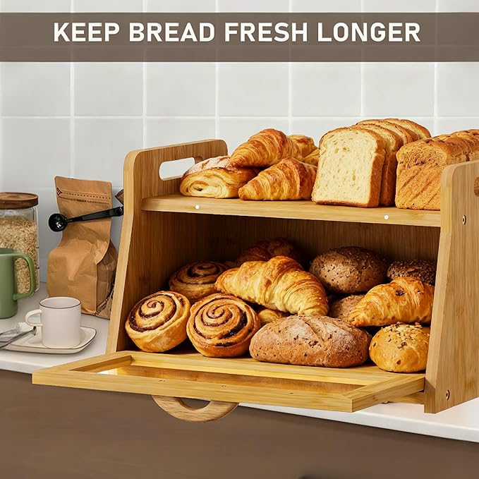 BAMBANG Extra Large Bread Box, Bread Box for Homemade Bread, Bamboo Wooden Bread Storage Container with Tool Holder & Handles & Window, Assembly Required(14.9" x 9.8" x 9.4") Natural