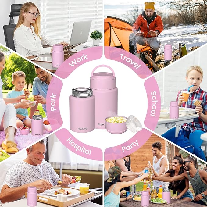 2 Pack Soup Thermo for Hot Food for Adults, Insulated Food Jar, Stainless Steel Vacuum Thermal Lunch Box Containers with Carry Bag and Spoon (18.5oz, 27oz) (Pink)