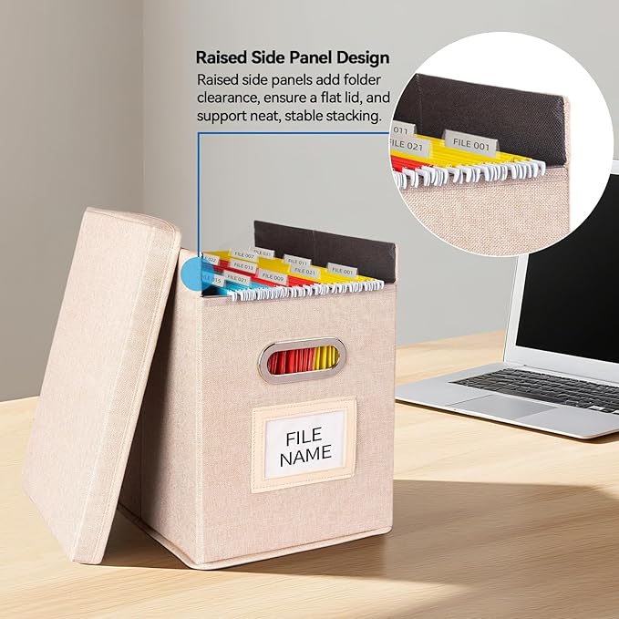 4 Pack Hanging File Folders Organizer with Lid, Letter Size Fabric File Storage Box Collapsible, Portable Office Document Holder with Metal Handle, Smooth PVC Rails, Beige