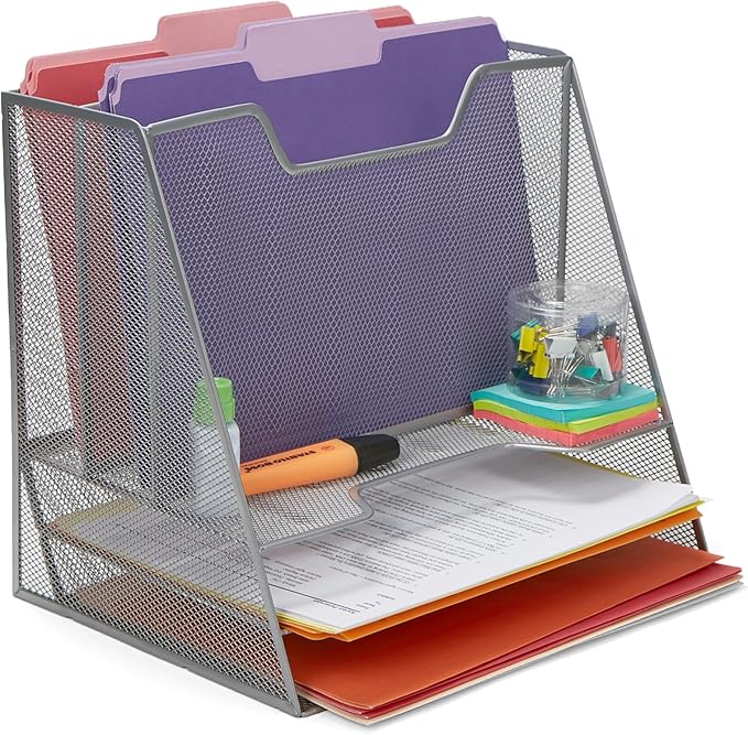 Mind Reader Metal Mesh Desktop File Organizer, 3-Tier Paper Tray with 5 Compartments, Office Mail Sorter, Silver