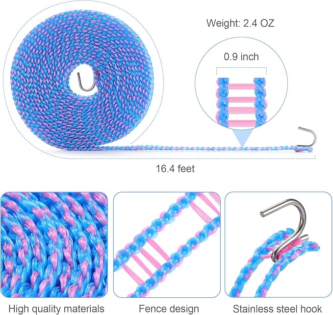 3-Pack Windproof Clothesline with Hooks – Super Strong and Durable, PE Material, 16ft – Ideal for Indoor/Outdoor Use & Travel