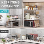 DOLALIKE Microwave Oven Rack, Expandable Microwave Stand Kitchen Countertop Organizer Utensils Storage, Carbon Steel Over Microwave Shelf with 3 Hooks (White, 3 Tier- With Storage)