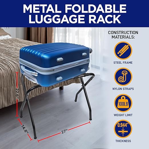 Lifemaster Metal Luggage Rack - Pack of 4 Foldable, Easy Assembly, Space Saving, and Stylish Steel Frame Guest Suitcase Stands with Nylon Straps - Black