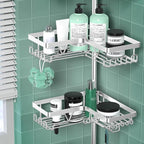 Shower Caddy Tension Pole - Corner Shower Shelves with Soap Holder Bathroom Shower Organizer for Tub (Stainless Steel, Silver, Floor to Ceiling 25-114.2 inch)