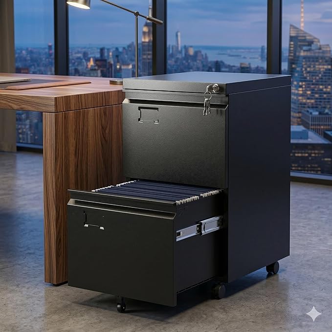 2 Drawer File Cabinet with Lock, Heavy-Duty Metal Rolling Filing Cabinet for Home Office, Under Desk Printer Stand with 5 Wheels, Required Assembly with Video Guide, Fits Letter/Legal Size, Black