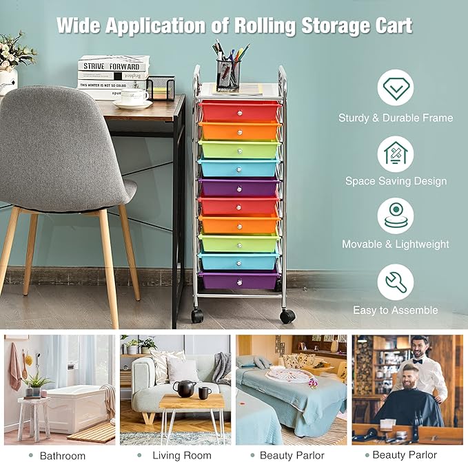 GOFLAME 10-Drawer Rolling Storage Drawer Cart, Utility Cart with Removable Drawers & Metal Frame, Mobile Art Craft Drawer Cart with Lockable Wheels for Home, Office, Studio, School, Multicolor