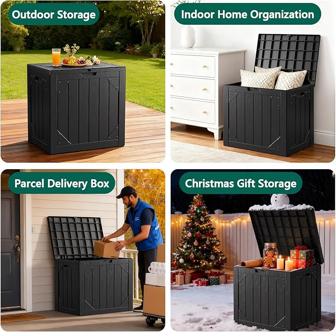 Outdoor Storage Box - 30 Gallon Waterproof Resin Deck Box, Lockable Patio Storage Bench for Package Delivery, Cushions & Garden Tools, UV Resistant (Black)