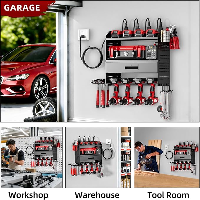 Power Tool Organizer Wall Mount with Charging Station, 4 Layers Storage Rack with 6 Drill Holders & Battery Storage, Cordless Tool Organizer with Drawers for Garage, Workshop & Tool Room