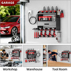 Power Tool Organizer Wall Mount with Charging Station, 4 Layers Storage Rack with 6 Drill Holders & Battery Storage, Cordless Tool Organizer with Drawers for Garage, Workshop & Tool Room