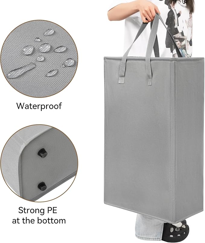 Chrislley 25-Inches Slim Laundry Hamper 60L Narrow Laundry Basket with Handle Foldable Dirty Clothes Portable Skinny Hamper Organizer Storage Bins (Grey)