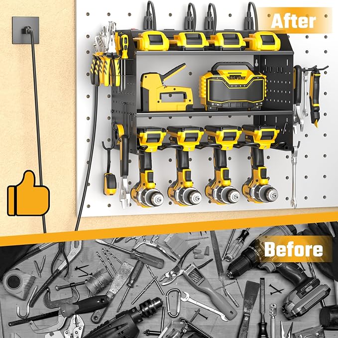 Power Tool Organizer Wall Mount, 3 Layer Charging Station with 6 Outlets, 4 Drill Holders and Drill Bit Rack, Tool Holder Storage Shelf Rack for Garage, Workbench and Workshop, Black