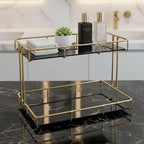 2-Tier Black Marble Bathroom Countertop Organizer – Glass Shelves & Gold Metal Frame, Stylish Vanity Storage Shelf for Perfume, Skincare, Makeup & Toiletries