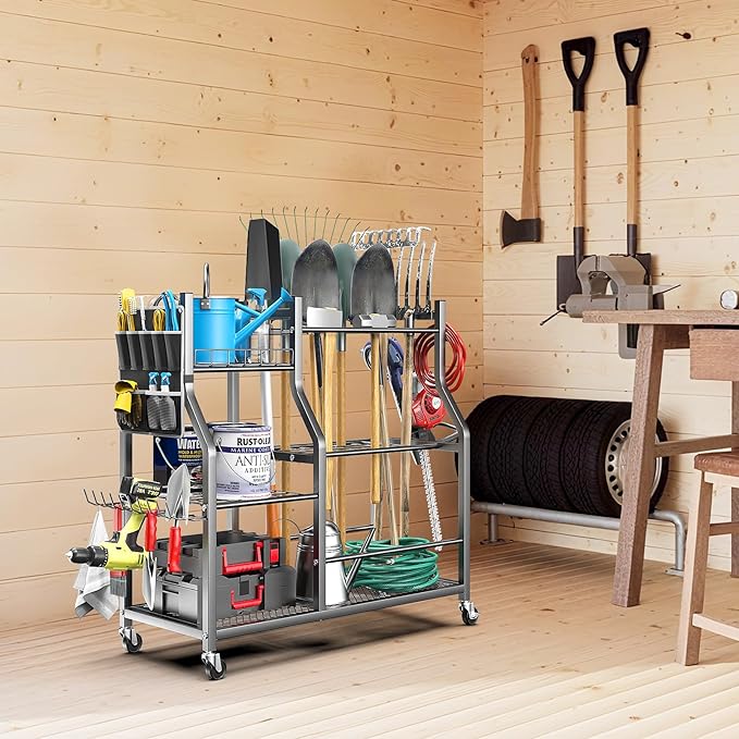 36" Large Garden Tool Organizer with Wheels & Side Tool Bag, 3 Tier Rolling Garage Storage Rack for Long Handled Rakes, Shovels, Brooms, Freestanding Yard Tools Cart for Shed & Outdoors