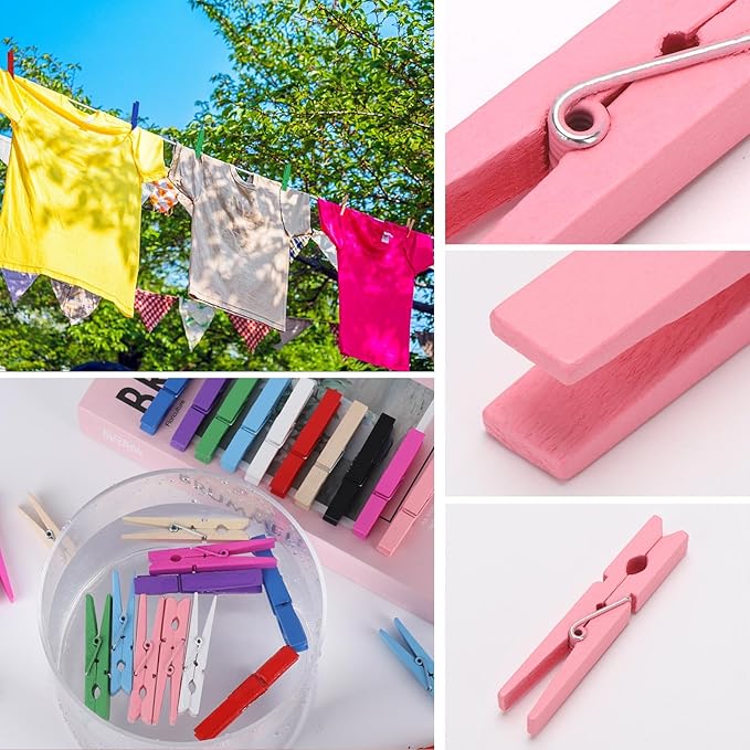 100Pcs Colored Wooden Clothespins, 2.9inch Clothes Pins for Crafts Clip Laundry, 10 Color Cheer Pins