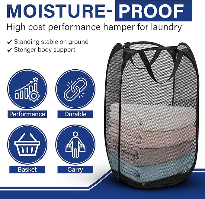 DecorRack 1 Pack Mesh Pop Up Laundry Hamper, Lightweight Foldable Clothes Basket with Easy Carry Handles, Durable Mesh Design for Air Circulation and Simple Storage, Black (1 Pack)