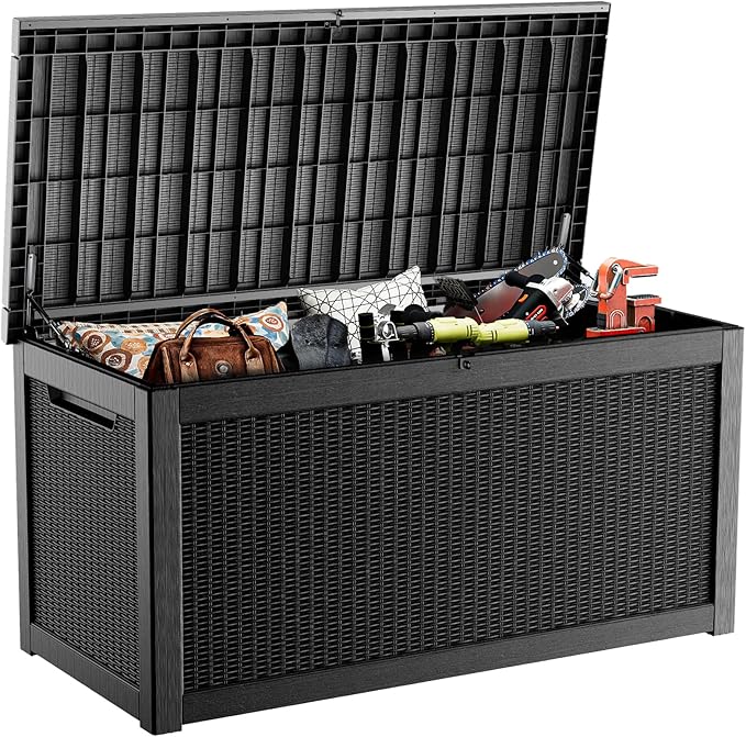 320 Gallon Outdoor Waterproof Resin Storage Deck Box Lockable Outside Bench UV Resistant Bin Patio Porch Furniture Pool Float Garden Tool Cushion Black