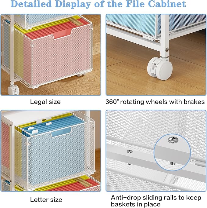 Letter/Legal Rolling File Cabinet, Rolling File Cart with 2 Drawers Filing Cabinet for Home Office, Hanging File Folders Organizer for Under Desk Storage, Mobile Printer Stand, White