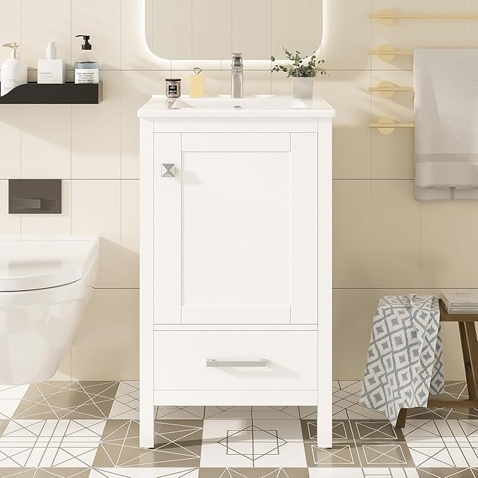 20" Small Bathroom Vanity with Sink, Soft-Close Drawer and Door, Wood Modern Single Bathroom Sink Cabinet with Doors and Shelves, Adjustable Foot Pads, for Small Space (White)
