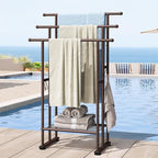 ELYKEN 3 Tier Standing Towel Rack, 40'' Tall Towel Drying Rack Outdoor, Freestanding Floor Towel Rack with Shelf, Pool Towel Blanket Stand, Metal Towel Racks for Bathroom freestanding, Bronze