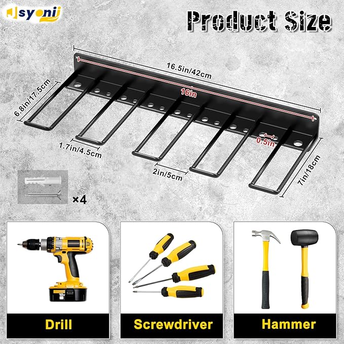 Drill Holder Wall Mount,Power Tool Organizer, 4 Cordless Drill Racks with Screwdriver Hole, Heavy Duty Garage Tool Storage Rack for Workshop Tool Room Basement