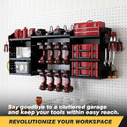Power Tool Organizer Wall Mount with Charging Station, Heavy-Duty Metal Garage Tool Storage Rack & 8 Outlet Power Strip, 51 Inch 3 Tier 8 Bin Shelves for Workshop Organization